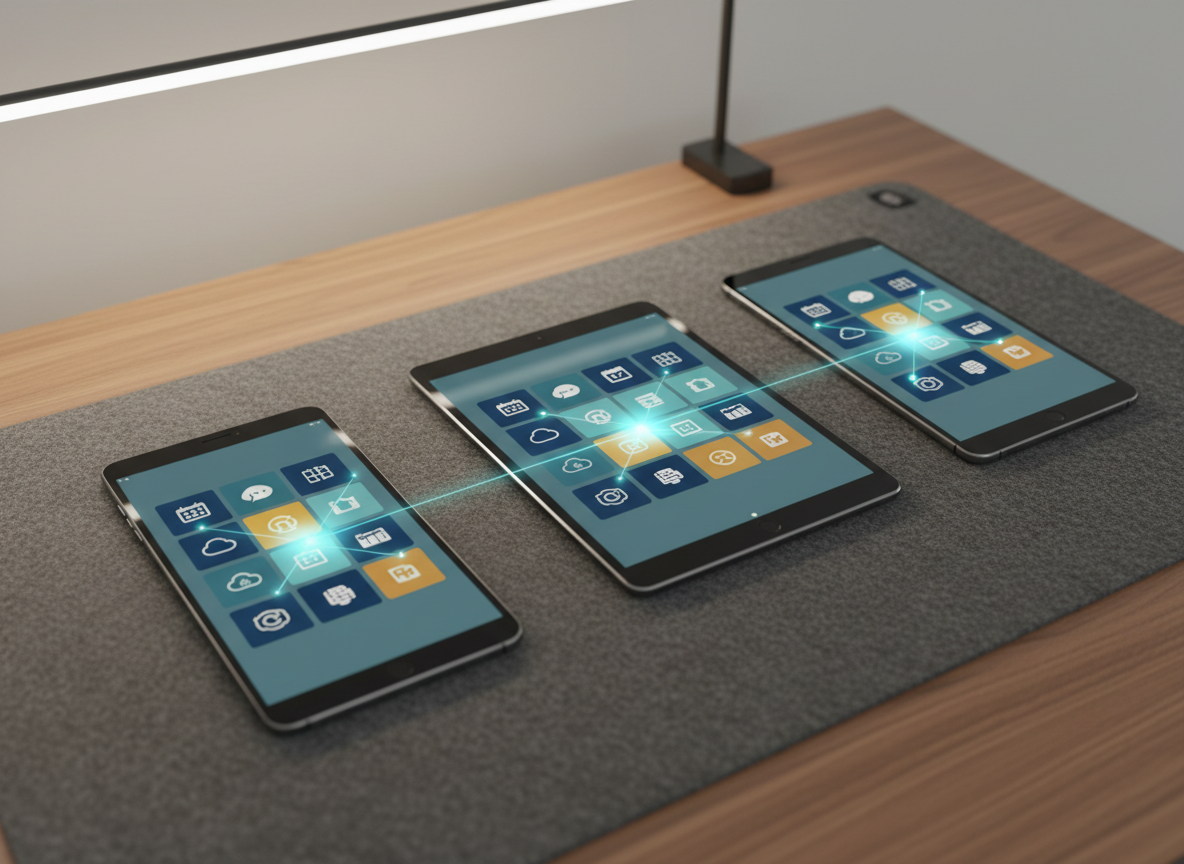 A close-up, photographic realism shot of a smartphone, tablet, and laptop all displaying the same simplified, color-coordinated set of icons, emphasizing a synchronized digital life. The devices lie on a charcoal felt desk mat with a soft, tactile texture, on top of a smooth walnut desk. Subtle, glowing connection lines appear between the screens, like a gentle constellation of soft blue and teal light. Overhead diffused lighting from a modern ceiling fixture provides even illumination, creating soft reflections on the glass screens without glare. Shot from a slightly diagonal top-down angle with a shallow depth of field, the focus is on the aligned icons while the edges of the devices blur slightly. The atmosphere is modern, calm, and highly organized, suggesting the confidence of having a professional digital concierge handle all device syncing.