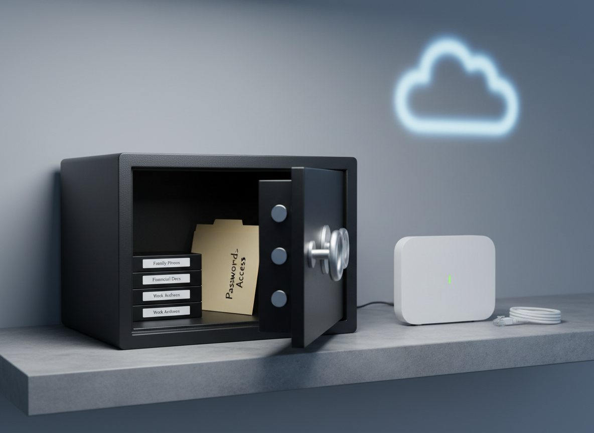 A carefully curated “digital peace of mind” scene in photographic realism: a fireproof, matte-black document safe slightly open, revealing an orderly stack of labeled backup drives and a slim folder marked “Passwords & Access.” Next to it on a smooth stone shelf sits a small, minimalist network router with a single, steady green light and a neatly coiled Ethernet cable. Cool, soft side lighting from the left creates subtle shadows that emphasize security and solidity, while a faint, out-of-focus image of a cloud icon glows on a distant wall, hinting at cloud backups. Captured at eye level with balanced composition and sharp focus throughout, the mood is secure, professional, and reassuring, embodying the long-term protection a tech concierge can provide for overwhelmed users.