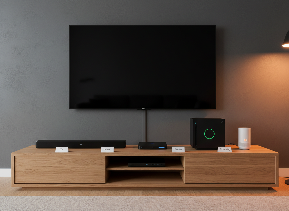A modern living room entertainment setup in photographic realism: a large flat-screen TV mounted on a matte charcoal wall, surrounded by neatly arranged smart devices—streaming box, soundbar, game console, and a compact hub—each with tiny, soft status LEDs. On a low, natural wood media console below, small labeled cards sit in front of each device reading “TV,” “Music,” “Games,” and “Streaming,” symbolizing clear organization. Warm, indirect evening lighting from a floor lamp off-frame to the right casts a cozy amber glow, with gentle shadows that emphasize the clean lines of each device. Captured from a slightly low, wide-angle perspective, the composition leads the viewer’s eye across the system, creating a calm, welcoming mood that conveys the ease of having a tech concierge set everything up perfectly.