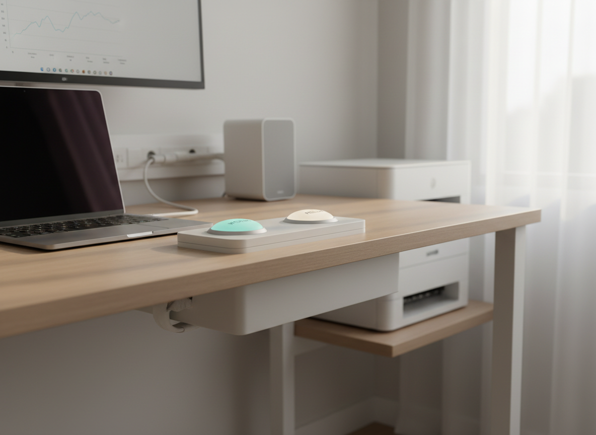 A home office corner tailored for someone once overwhelmed by technology, now perfectly streamlined. A single, clean ultrabook rests on a slim ash-wood desk, connected to a docking station hidden behind a minimalist cable cover. Only two clearly labeled buttons are visible: “Work” and “Relax,” softly backlit in calming teal and soft white. A printer, external monitor, and small speaker are visible but decluttered, all subtly connected via neat, color-matched cables. Natural morning light filters through a sheer curtain to the right, creating gentle, uplifting illumination with soft shadows. Photographic realism, captured from a three-quarter angle with moderate depth of field, highlighting the labeled controls while background elements soften. The atmosphere is empowering and serene, showcasing how a digital concierge can transform a stressful setup into an intuitive, user-friendly environment.