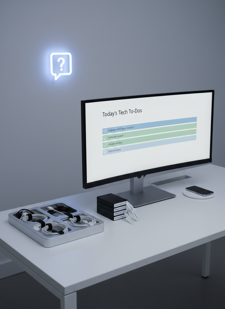An inviting, meticulously organized tech help desk is shown in photographic realism: a large ultra-wide monitor displaying a simple, color-coded checklist labeled “Today’s Tech To-Dos,” with calm blues and soft greens. A small stack of neatly labeled external drives, a cable organizer with every cord carefully routed, and a smartphone on a wireless charging pad complete the scene. The desk surface is a matte white finish, set against a clean, cool-gray wall with a single, subtle icon of a question mark inside a speech bubble glowing softly. Cool, even studio lighting creates minimal shadows and clean lines. Shot from a slightly elevated angle with rule-of-thirds composition, the mood is orderly, professional, and reassuring, suggesting a digital concierge who turns chaos into clarity.